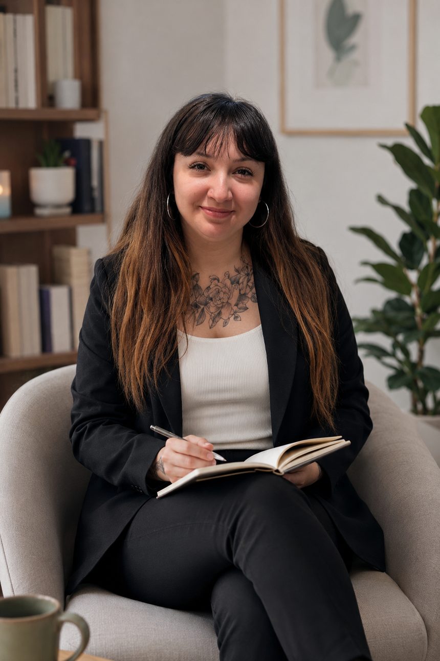 Antonia Herrera O., psicóloga infanto-juvenil, sonriendo con una libreta en sus manos